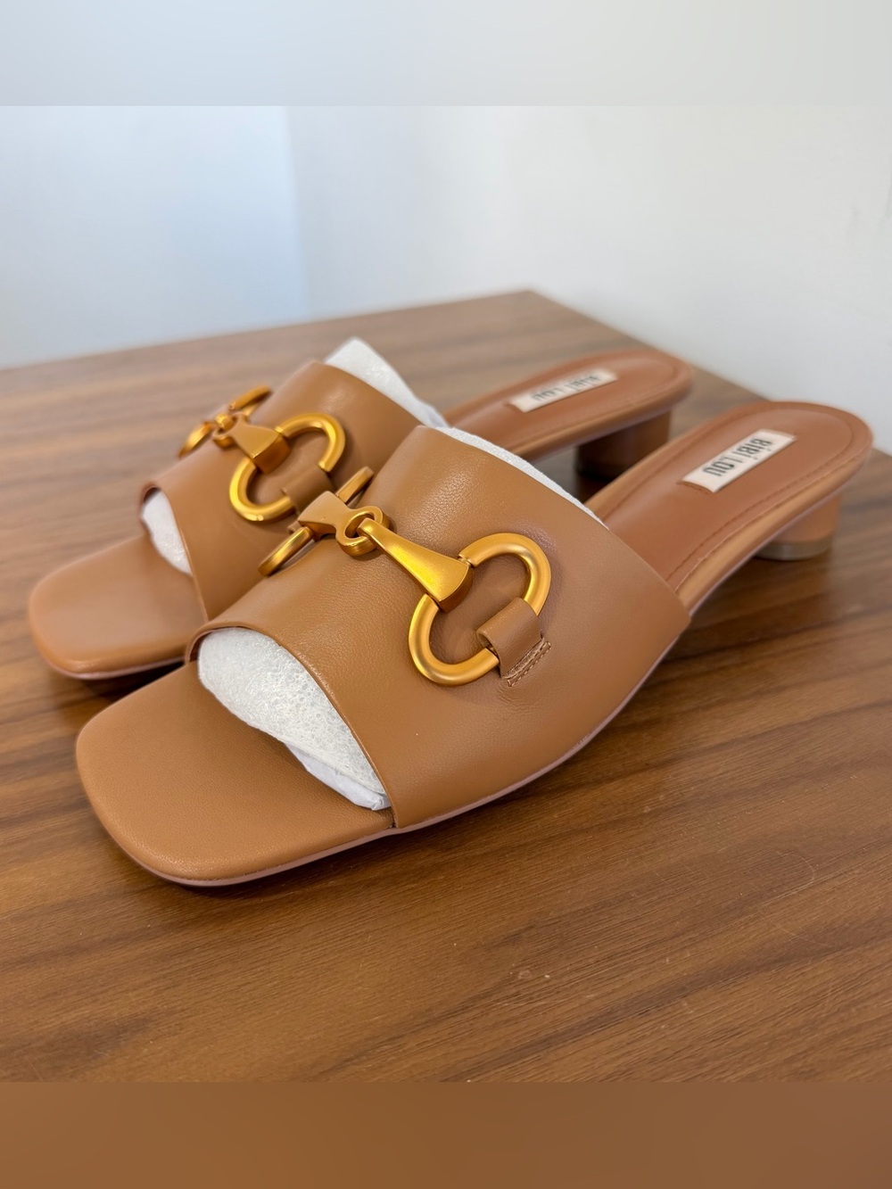 Cognac Leather Slide Sandals with Gold Hardware
